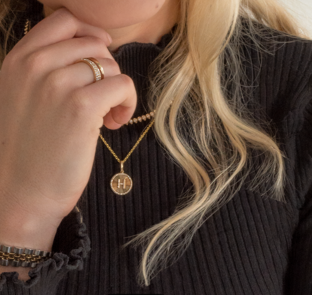 Fluted Gold and Diamond Initial Medallion Necklace