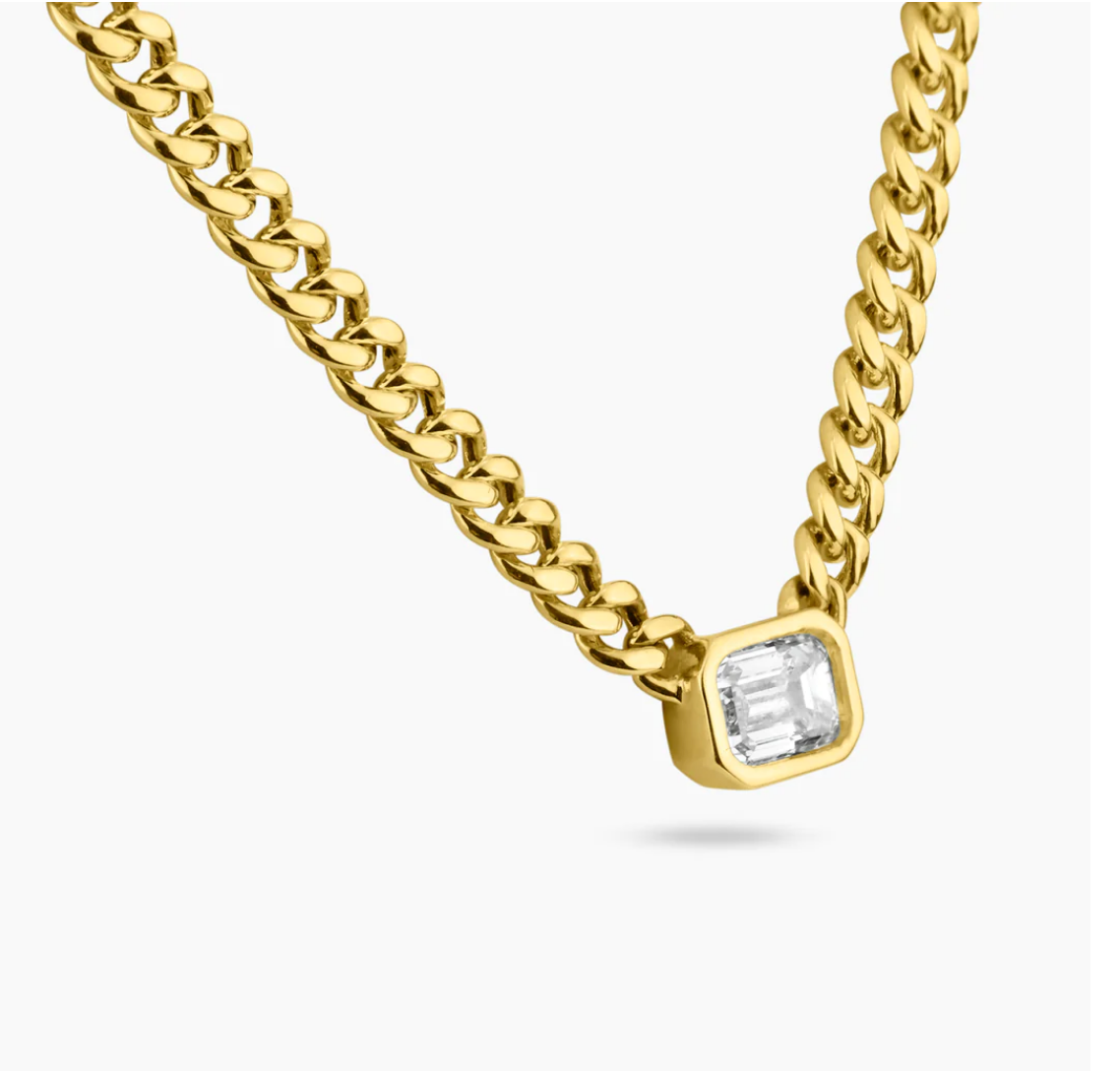 Emerald Cut Diamond Bezel and Curb Chain Necklace