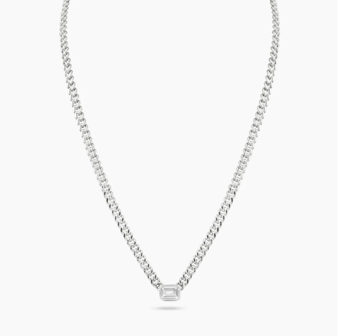 Emerald Cut Diamond Bezel and Curb Chain Necklace