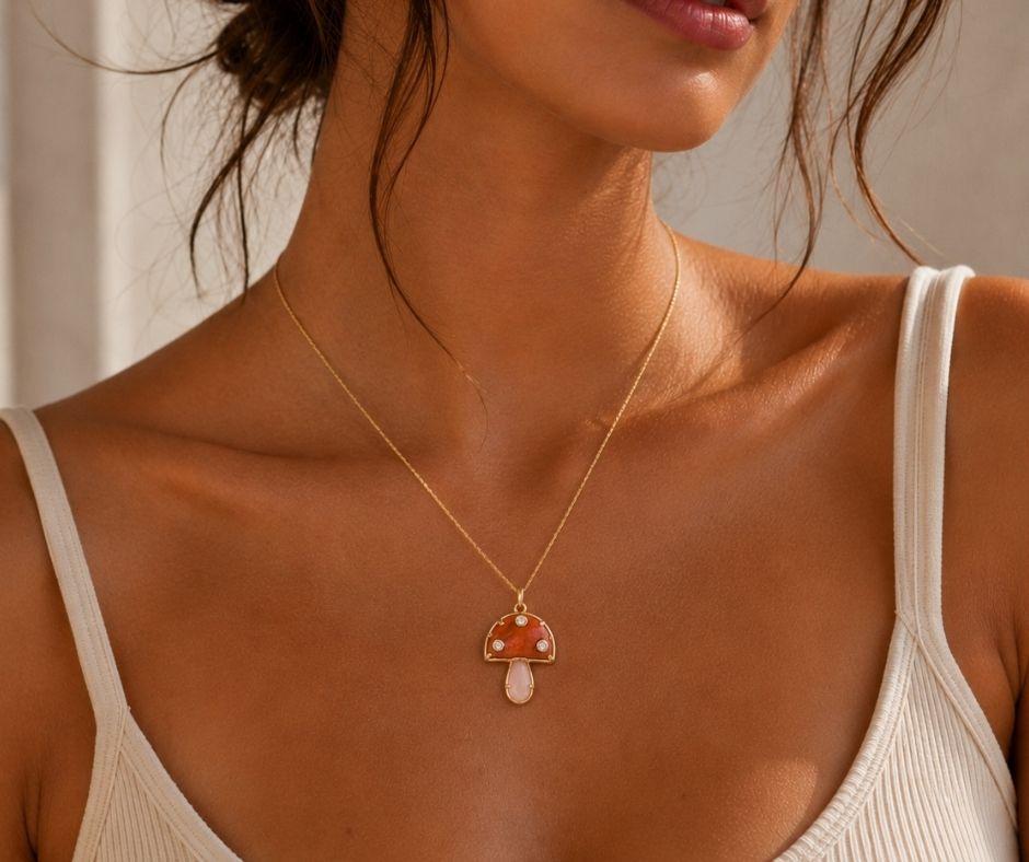 Mushroom Charm I Coral & Diamond